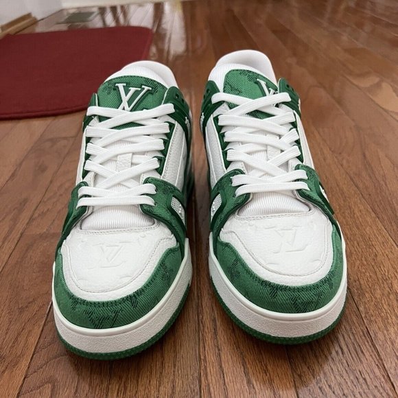 AUTH Louis Vuitton LV Trainers Men Sneakers Low Top Shoes Size 11 Green Monogram - Picture 1 of 5